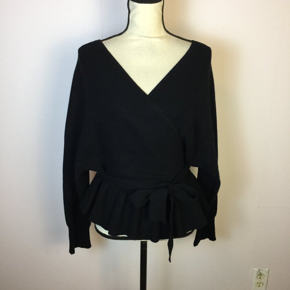 New! Umgee Sweater L Womans Black Knit Babydoll V-Neck Wrap Peplum Tie Waist